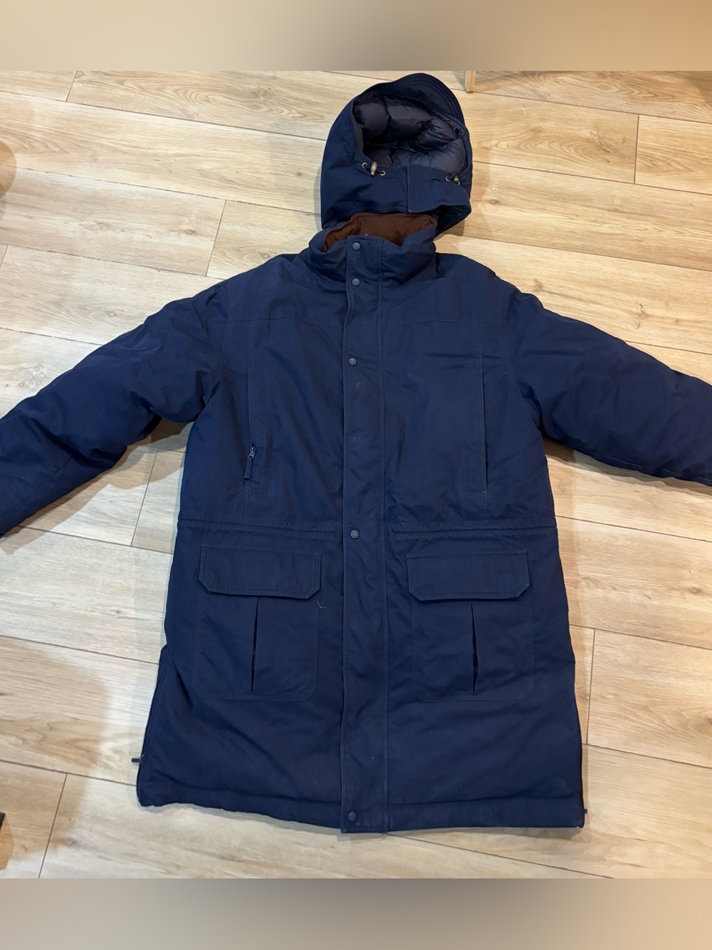 90’s Vtg L.L. Bean L Goose Down Faux Fur Hooded Parka Puffer Jacket Navy Blue